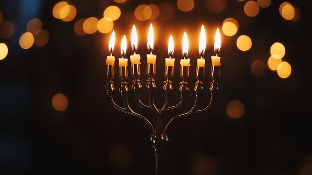 Photo a menorah with candles lit in the dark