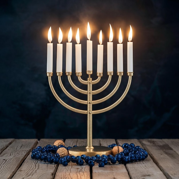 a menorah with candles on a table and a wall behind it