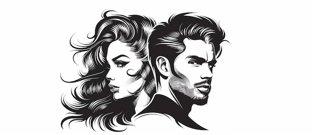 Mens Barber and Curly Hair Girl Logo Black and White Front View