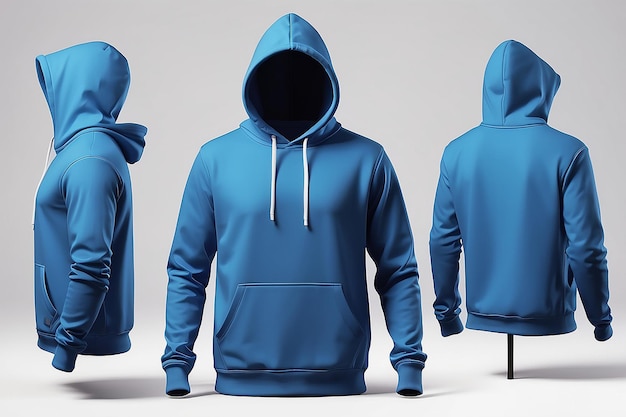 Mens Blue blank hoodie templatefrom two sides natural shape on invisible mannequin