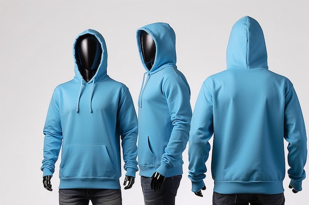 Mens Blue blank hoodie templatefrom two sides natural shape on invisible mannequin