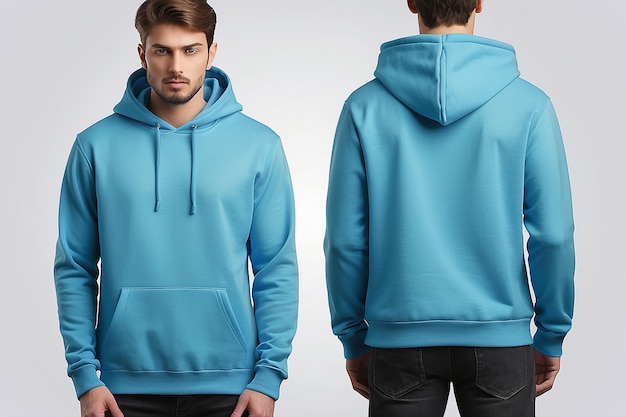 Mens Blue blank hoodie templatefrom two sides natural shape on invisible mannequin