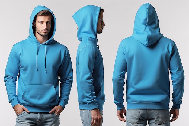 Mens Blue blank hoodie templatefrom two sides natural shape on invisible mannequin