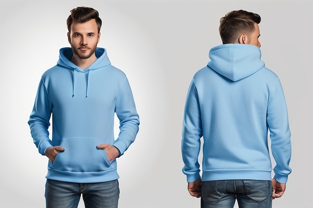 Mens Blue blank hoodie templatefrom two sides natural shape on invisible mannequin