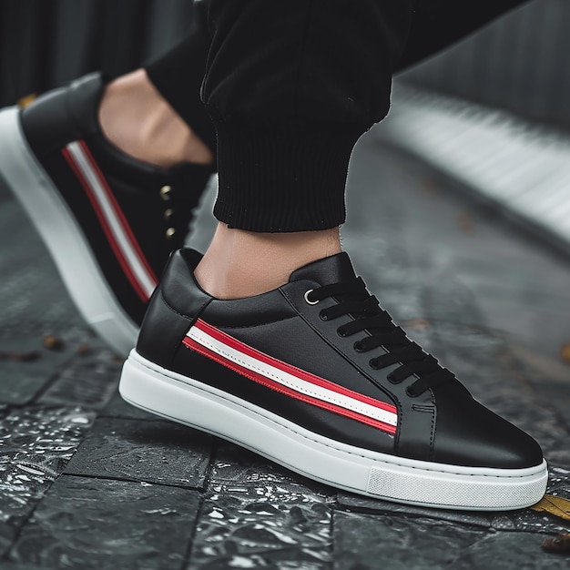 Mens Casual Black Shoes with Red and White Stripes and White Sole