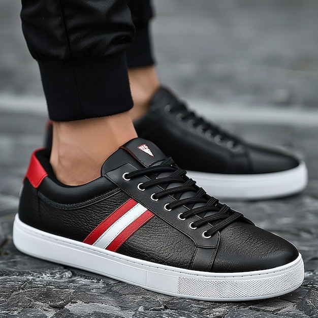 Mens Casual Black Shoes with Red and White Stripes and White Sole