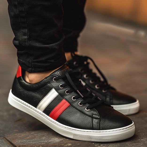 Mens Casual Black Shoes with Red and White Stripes and White Sole