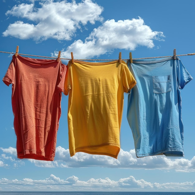 Photo mens clothes hanging on a clothesline against a background of white walls and blue sky