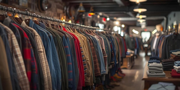 Mens fashion store interior with rows of hanging clothing in abundance Concept Fashion Store Design Menswear Display Clothing Rows Interior Design Abundance of Clothing