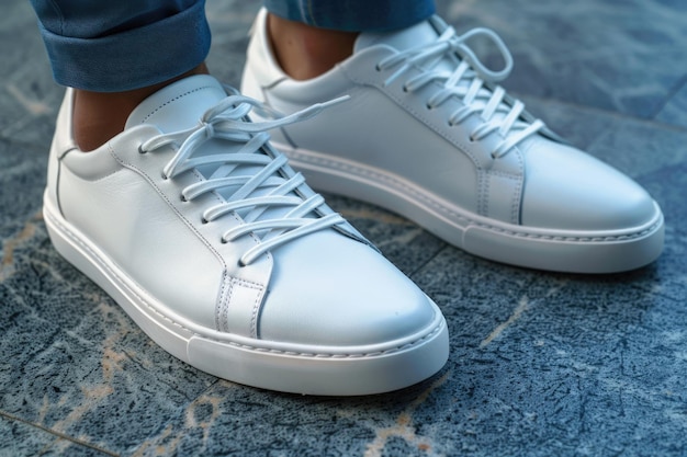 Mens feet in white everyday sneakers made of natural leather on lacing High quality photo