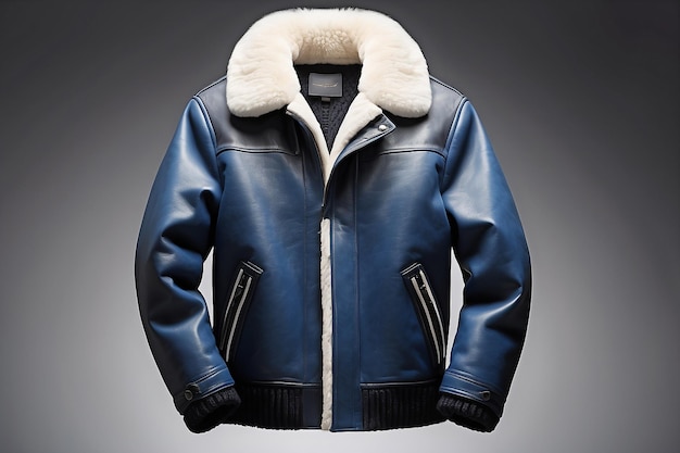 Mens leather jacket with fur sheepskin on white background