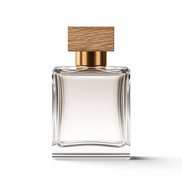 Mens perfume bottle with wooden cap isolated on white background elegant fragrance and luxury scent generative ai