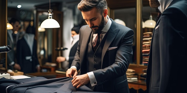 A mens suit tailor making adjustments to a new suit Well dressed gentleman of a custom tailored suit shop