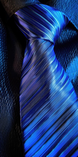 Photo mens tie front view of silk striped necktie in bright blue color