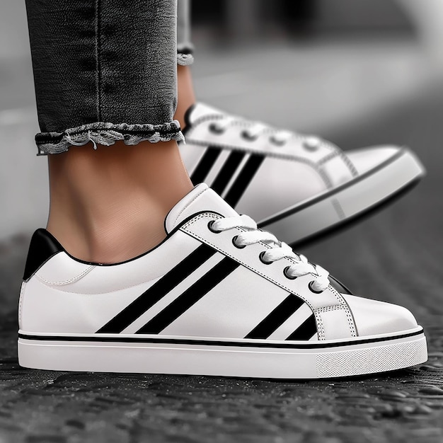 Mens White Casual Shoes with Black Stripes Low Tops