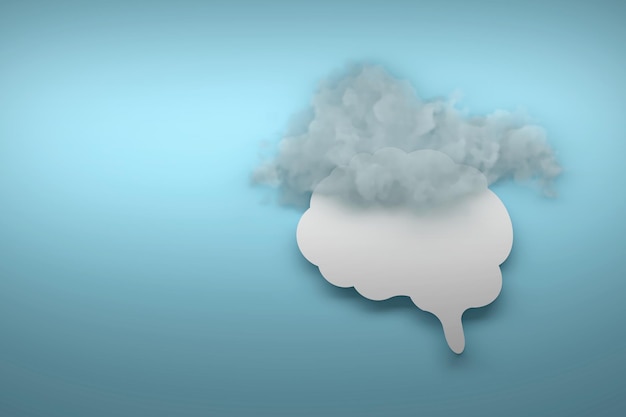 Mental brain fog illustration with human brain outline with realistic cloud on blue background