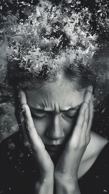 Mental Health Concept Stressed Woman with Shattered Glass Effect in Black and White