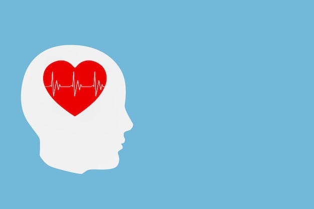 Mental Health Concept White Abstract Head Contour with Red Heart and HeartBeat Pulse on a blue background 3d Rendering