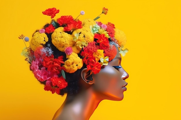 Mental health day female head made of colorful flowers Fictional person created with generative AI