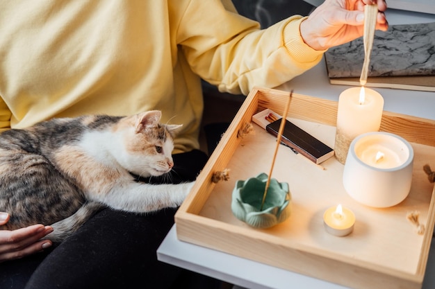 Mental health mindfulness wellbeing faceless portrait of relaxed young woman with cat sitting near