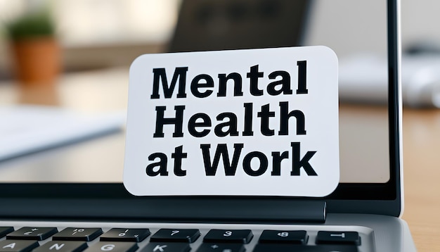 Photo mental health at work sign on the sticker on laptop isolated with white highlights