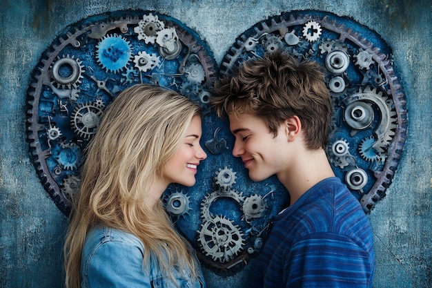 Photo mental processing speed passionate young couple with gears and brain patterns in a heart shape symb