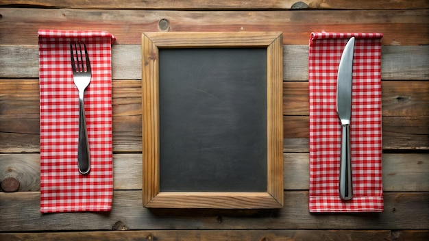 menu blackboard frame on old wooden dinning table with red tablecloth tableknife and fork