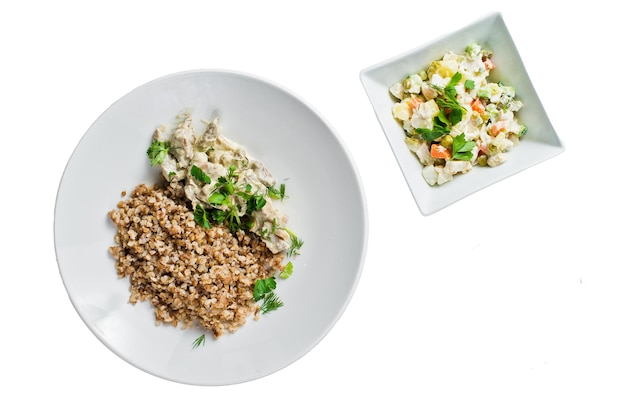 Menu business lunch restaurant beef Stroganoff green salad and chicken soup Isolated on white background