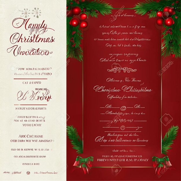 Photo a menu for christmas dinner with a red background with a christmas tree and holly