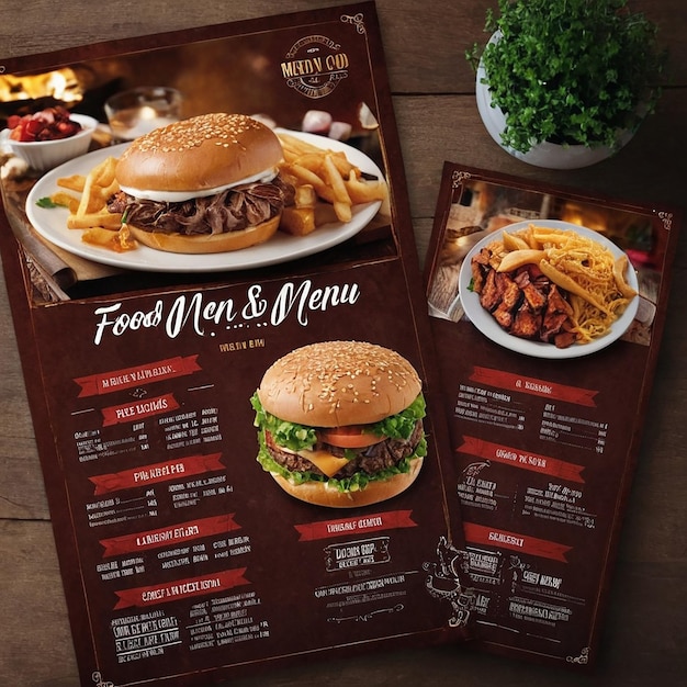 A menu for food and drink is shown on a wooden table