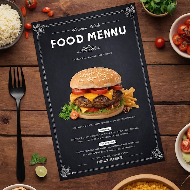 A menu for food is displayed on a wooden table