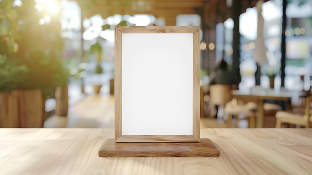 Photo menu frame standing on wood table with bokeh background blank sign holder in cozy cafe environment