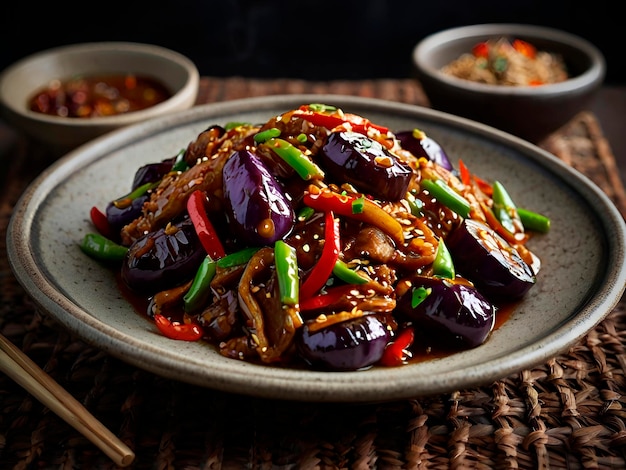 A menu item for a spicy Szechuan eggplant stirfry emphasizing its bold and fiery flavors