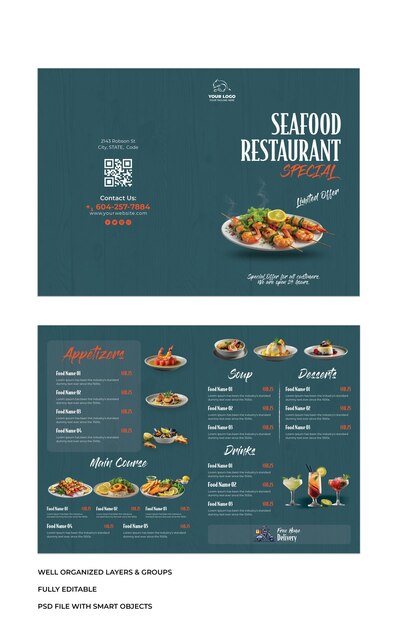 Photo a menu for seafood restaurant bifold brochure template