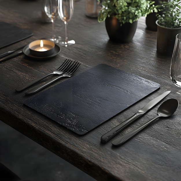 Photo a menu on a table with silverware and wine glasses