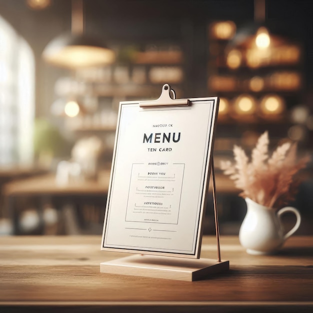 a menu that is on a stand with a white background