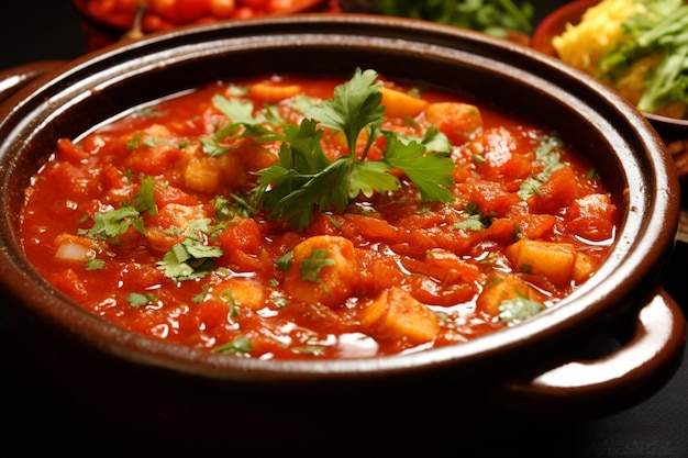 Photo menudo with roasted red chili garnish