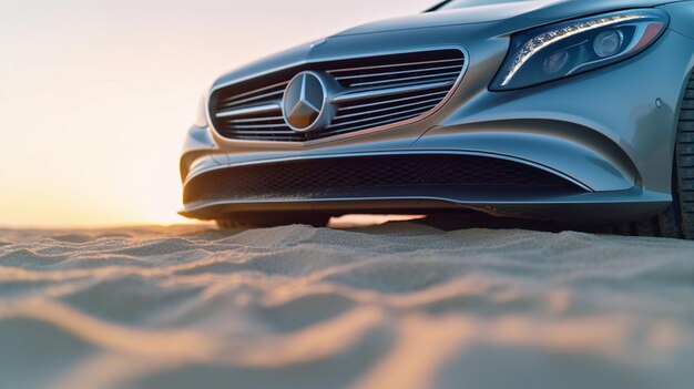 A mercedes - benz s - class coupe is parked in the sand at sunset.