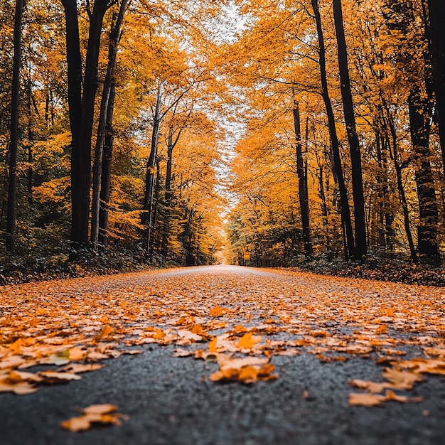 Photo mercedes on road covered with fall leaves