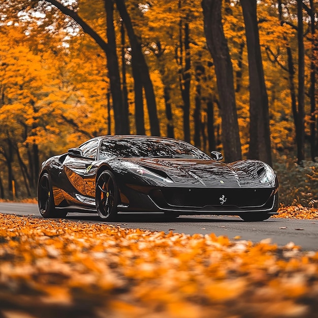 Photo mercedes on road covered with fall leaves