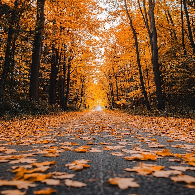 Photo mercedes on road covered with fall leaves