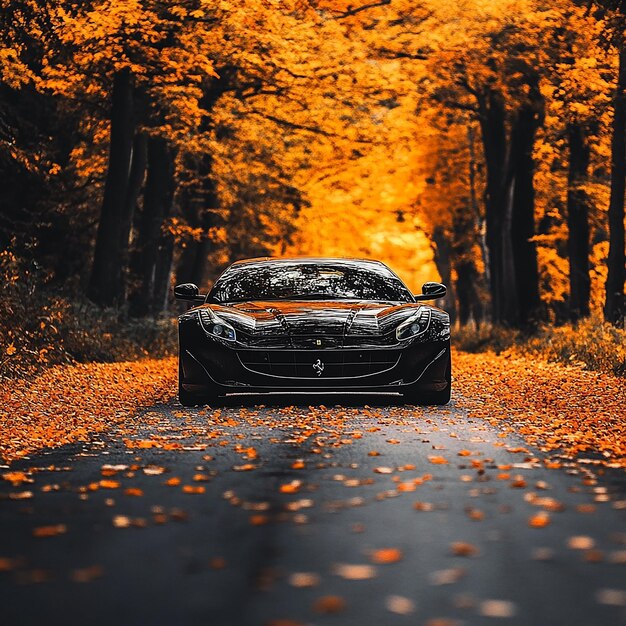 Photo mercedes on road covered with fall leaves