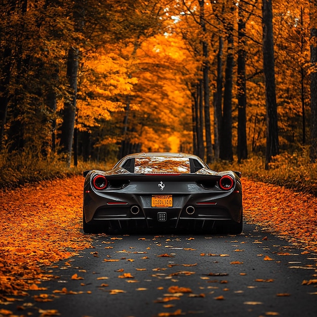 Photo mercedes on road covered with fall leaves