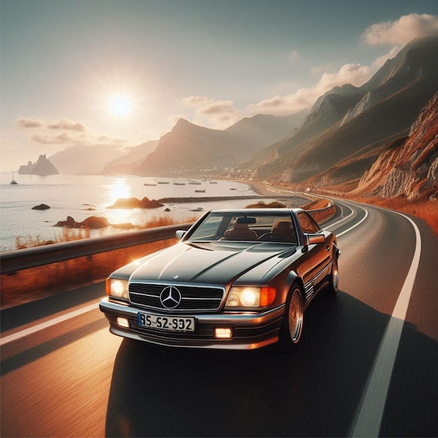 MercedesBenz SL500 cruising along a deserted