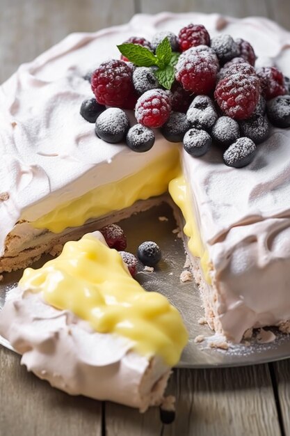 Meringue cake pudding with lemon curd sauce and berries as food bakery and holiday baking recipe generative ai