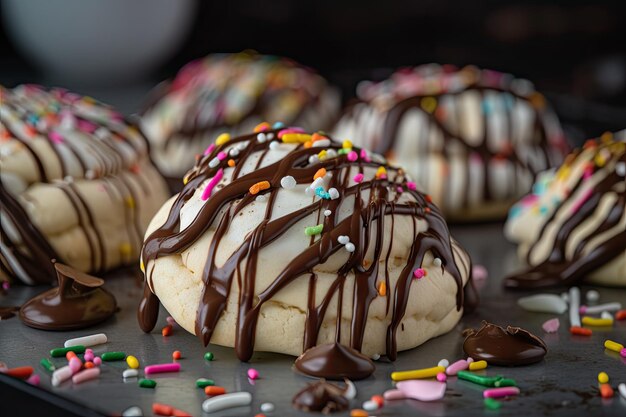 Meringue cookie with chocolate drizzle and sprinkles created with generative ai