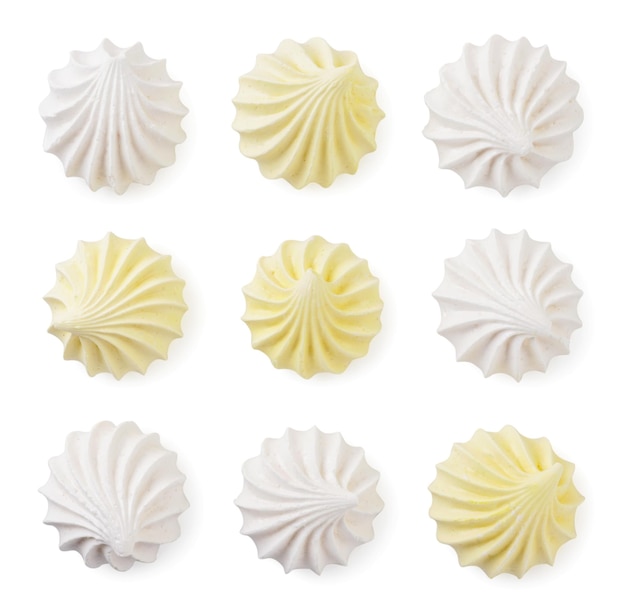 Meringue set on white isolated background Top view