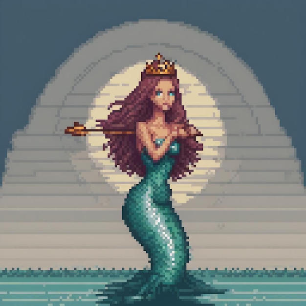 Mermaid archer in pixel art aiming at a pyramid perfect for mermaid enthusiasts and retro gamers