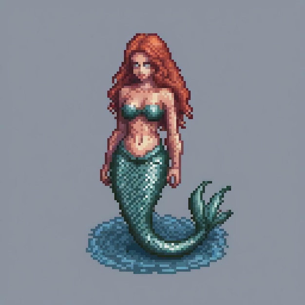 Mermaid art with vibrant red hair and a lush green tail