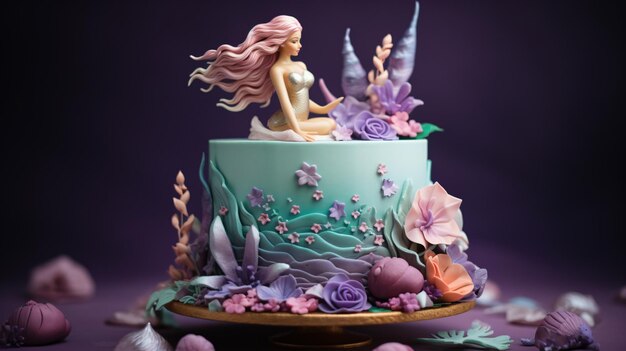 Photo mermaid birthday cake with mermaid theame with purple